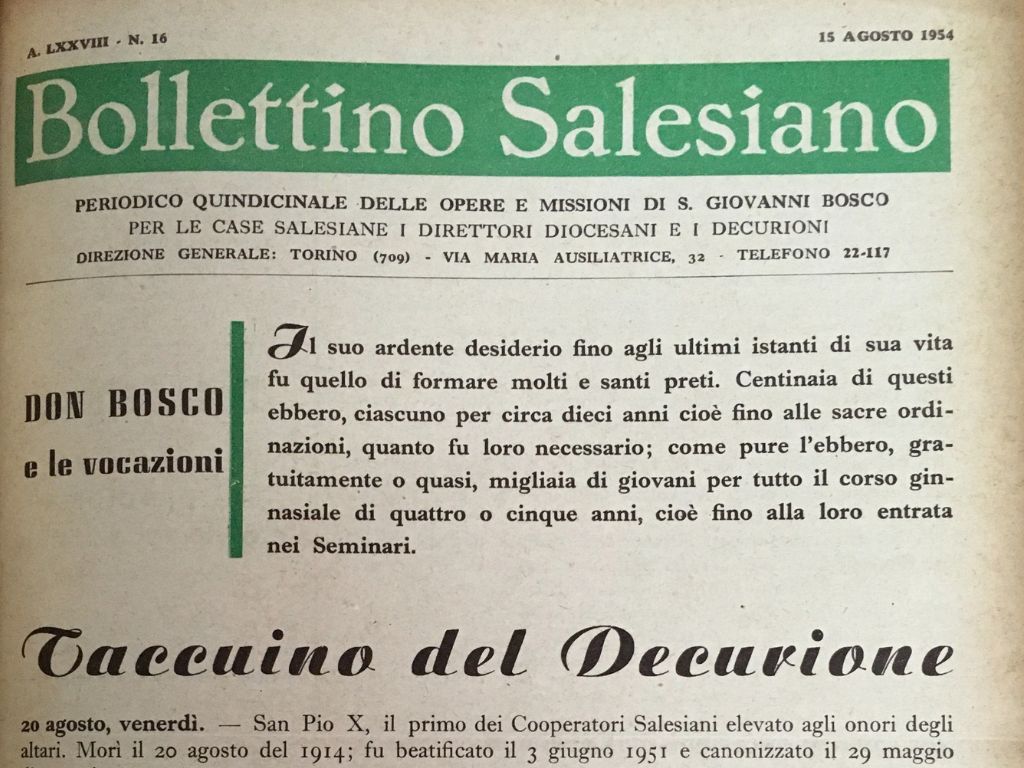 Ejemplar del Boletín Salesiano de 1954 que era enviado desde Italia para Centroamérica.
