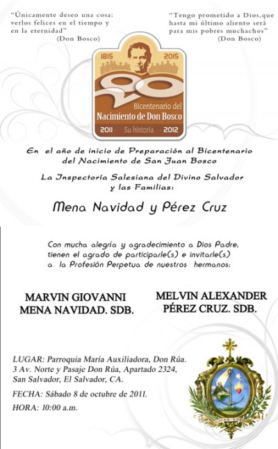 Invitaci&oacute;n a Profesi&oacute;n Perpetua.