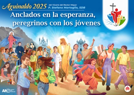 El arte del póster del Aguinaldo 2025 fue elaborado por el portugués Nuno Quaresma en el que ha representado el tema “Anclados en la esperanza, peregrinos con los jóvenes”.