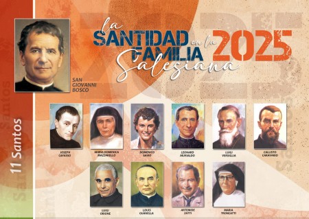 P&oacute;ster 2025 de la santidad de la Familia Salesiana, testimonio vivo de fe, esperanza y carisma.