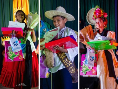 Los ganadores de la Primera Elección de India Bonita e Indio de la Cultura 2025 posan con orgullo: India Bonita de las Costumbres y Tradiciones Salesianas, Indio de la Cultura Salesiana e India Bonita de la Cultura Salesiana. Una celebración que enaltece las raíces nicaragüenses y el espíritu salesiano de la Escuela Anexa San Juan Bosco.