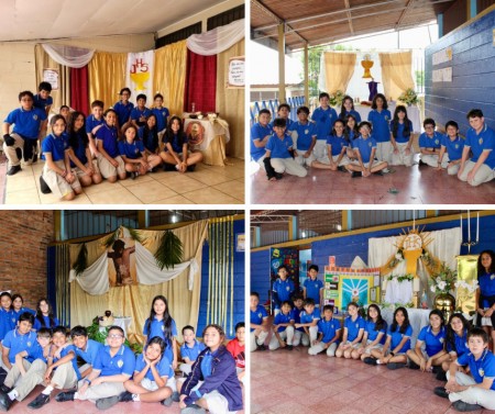 Estudiantes de 6th grade, secciones A y B, presentaron con devoción sus altares como parte del recorrido de Corpus Christi, reflejando su crecimiento en la fe.